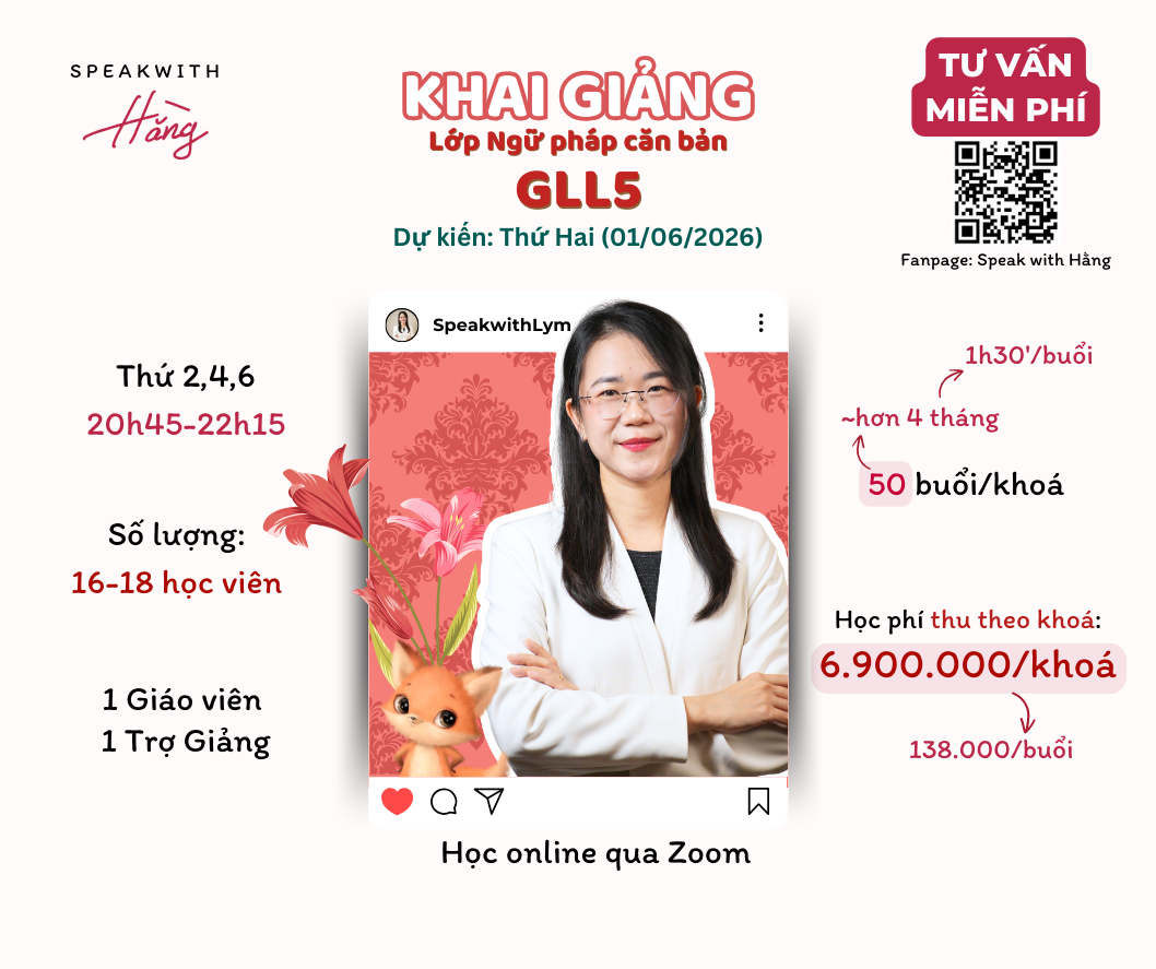 TUYỂN SINH HỌC THỬ 1 BUỔI – LỚP NGỮ PHÁP CƠ BẢN GLL3.